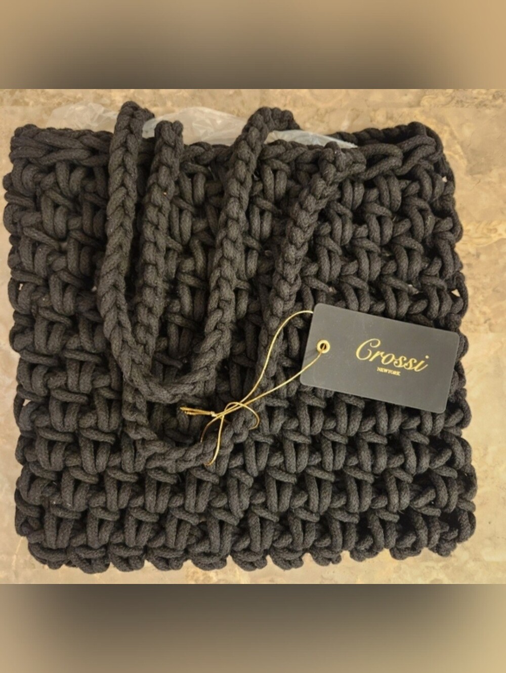 Grossi New York Elegant Braided Rope Beach Tote Bag Black